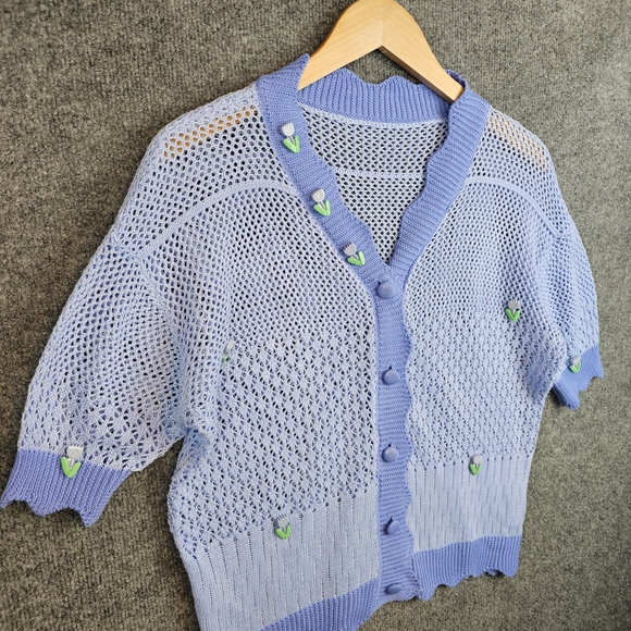 🌸Adorable Pastel Blue Floral Knit Cardigan | Scalloped Hem🌼 - Picture 2 of 6